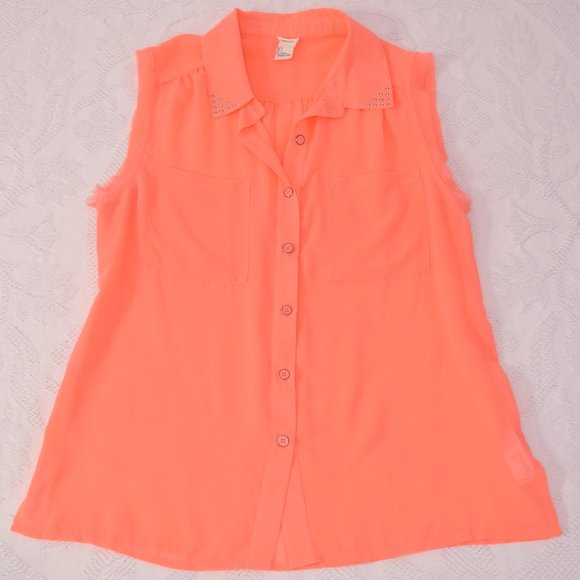 Forever 21 Fluorescent Neon Coral Button Studded Sheer Shirt Tank Top Blouse S - Picture 1 of 10